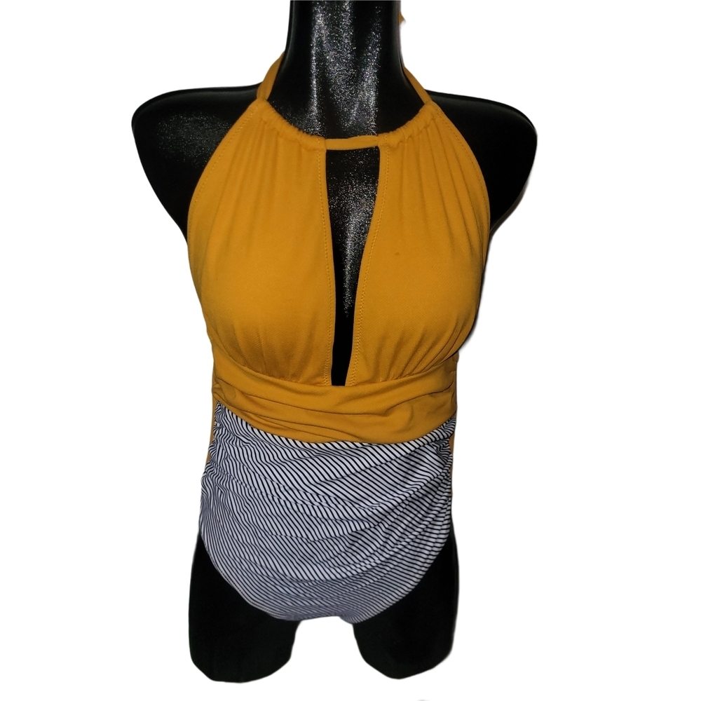 Cupshe Golden Yellow And Striped Halter One-Piece Swimsuit Size L - Picture 2 of 5